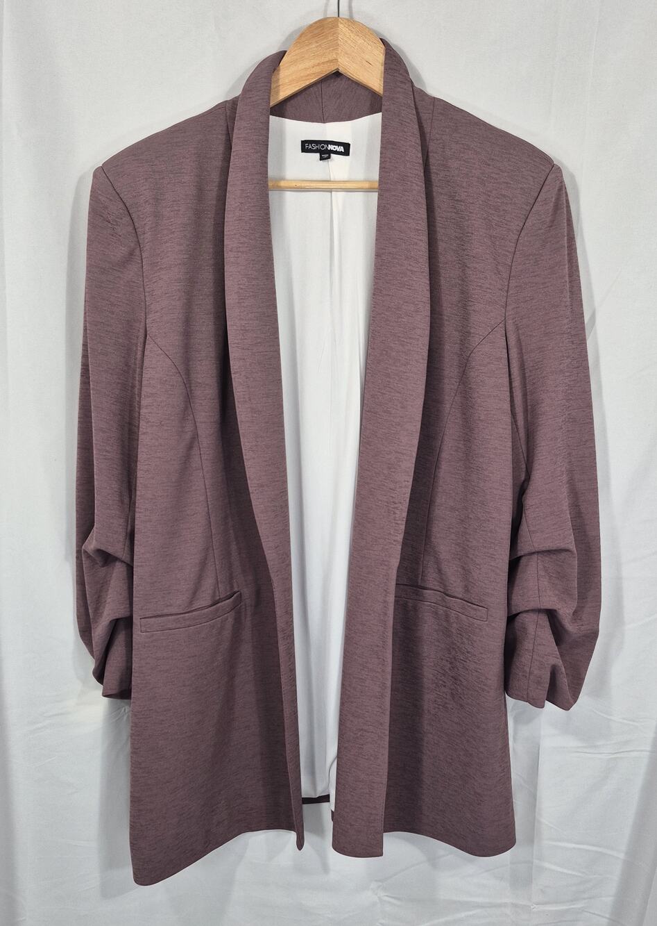 Fashion Nova Womens Large Heather Mauve Ruched 3/4 Sleeve Open Front Blazer L